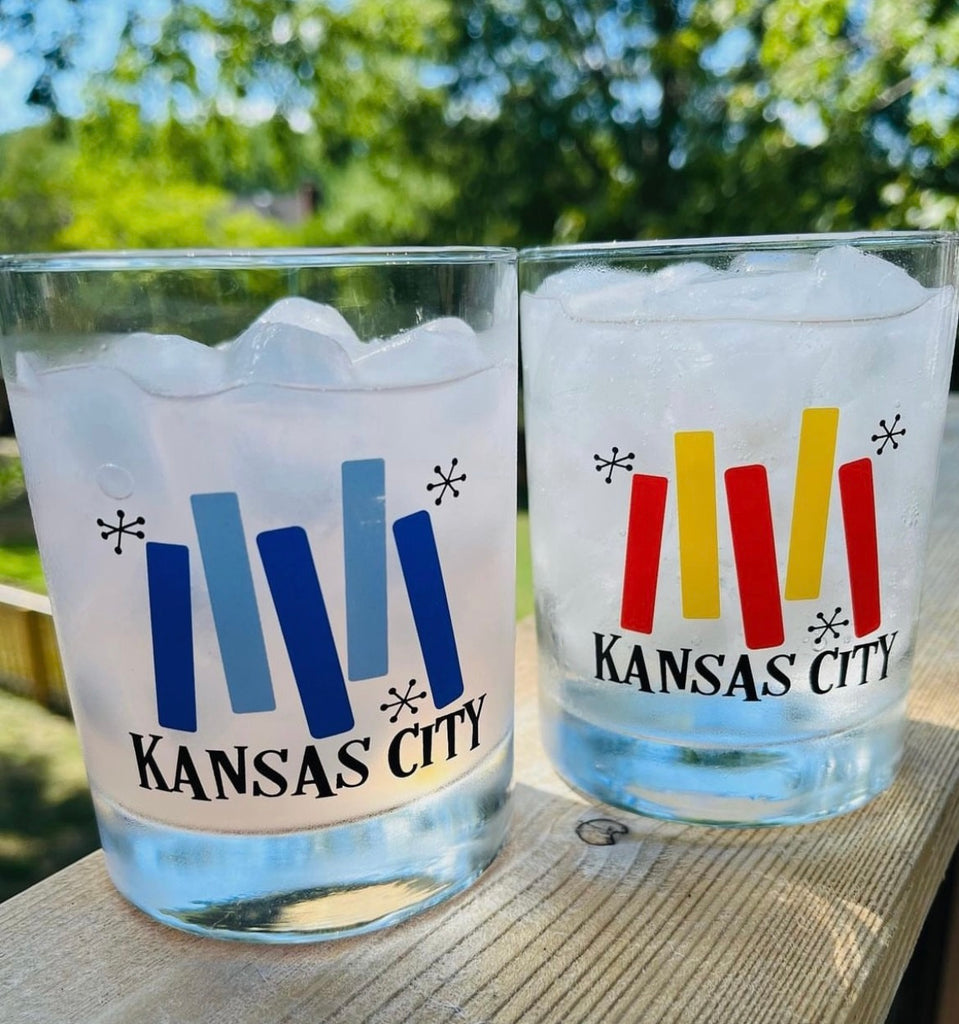 Kansas City Blue/Blue and Red/Gold Cosmic Whiskey Glass Set of 2