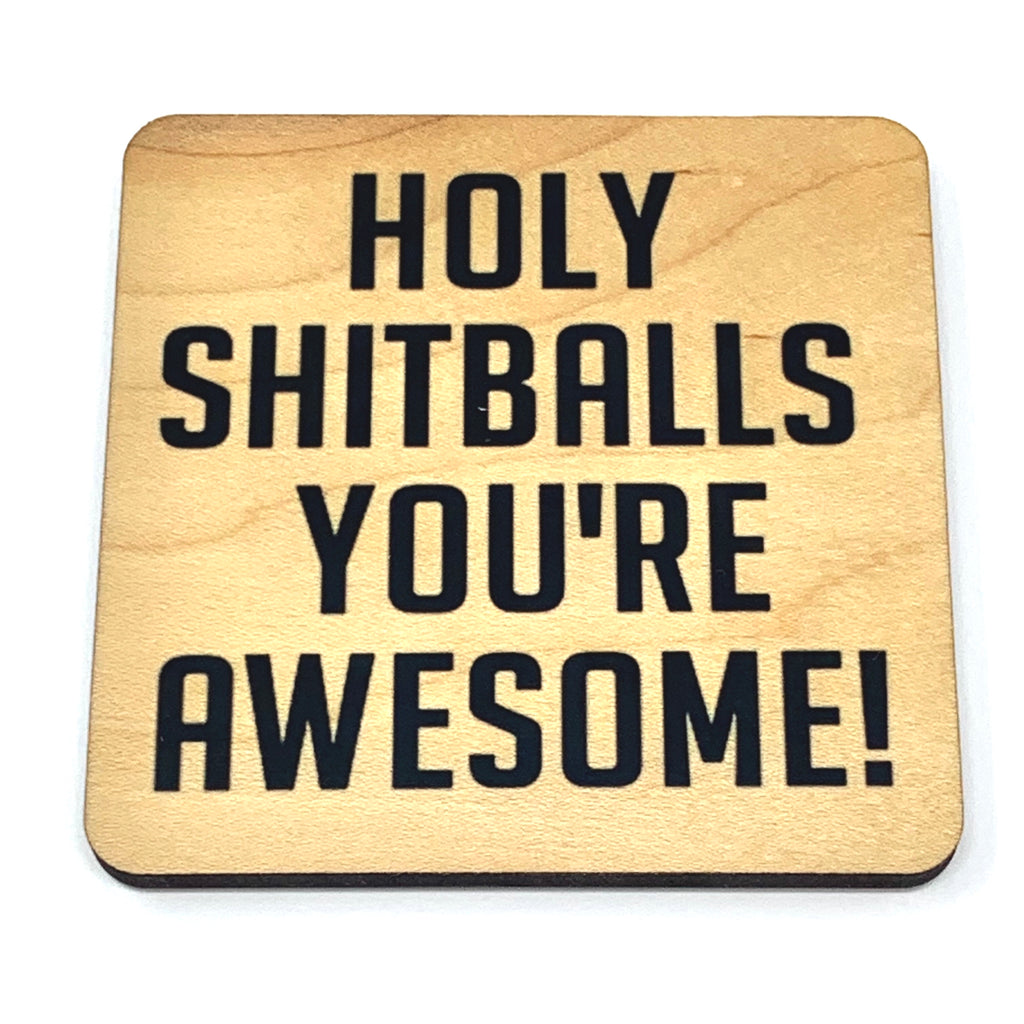Holy Shitballs You're Awesome wood coaster for office or home